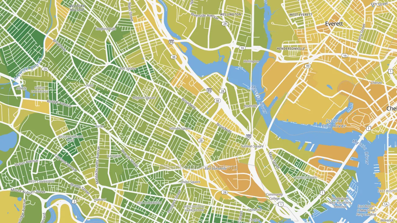 Map of the best neighborhoods in the 02145 area, with better matches in green and worse matches in red
