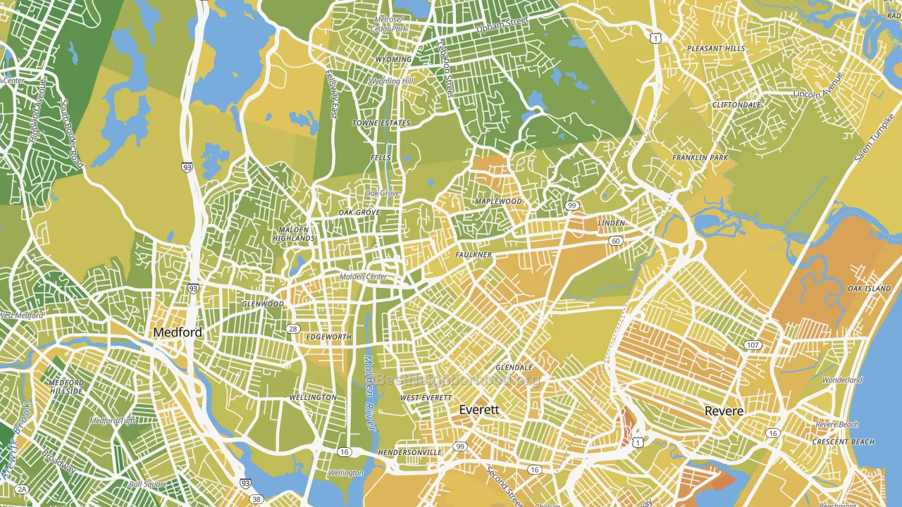 Map of the best neighborhoods in the 02148 area, with better matches in green and worse matches in red