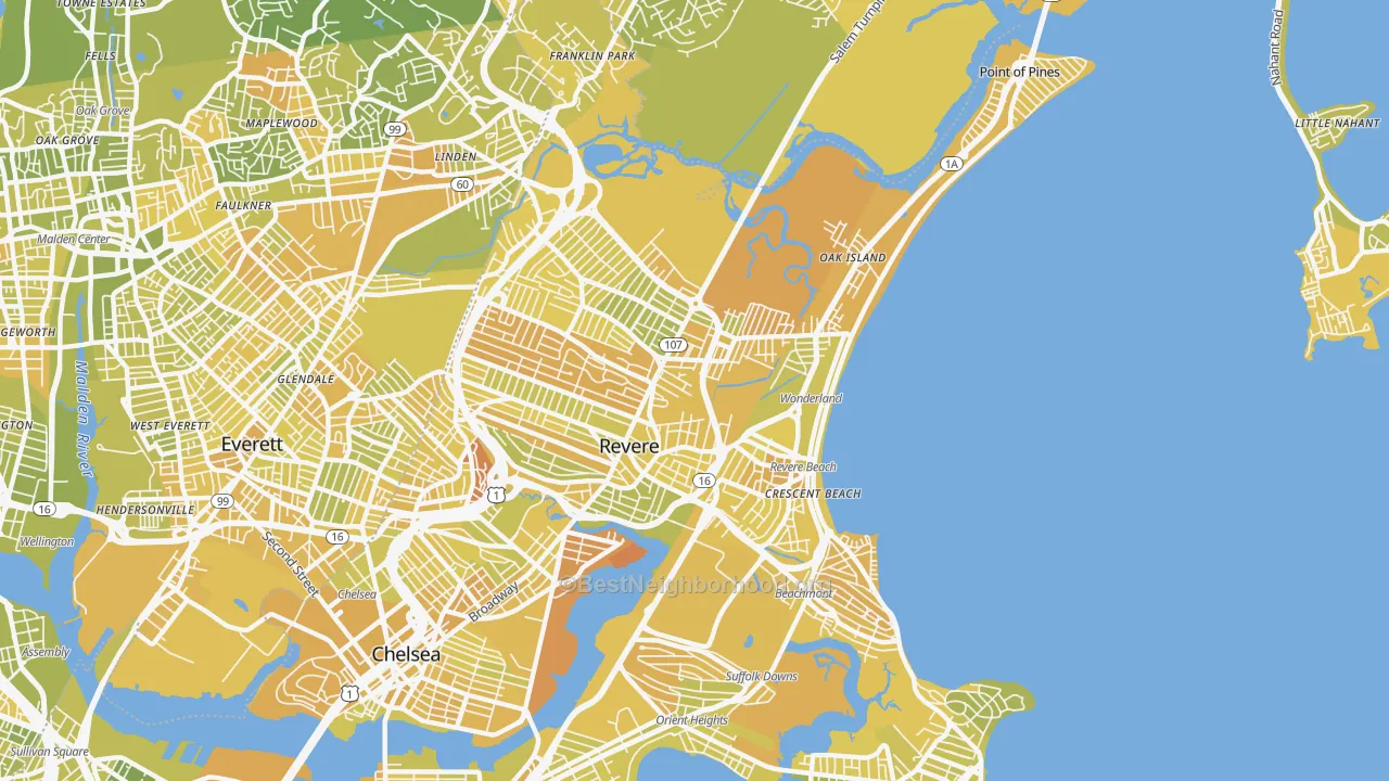 Map of the best neighborhoods in the 02151 area, with better matches in green and worse matches in red