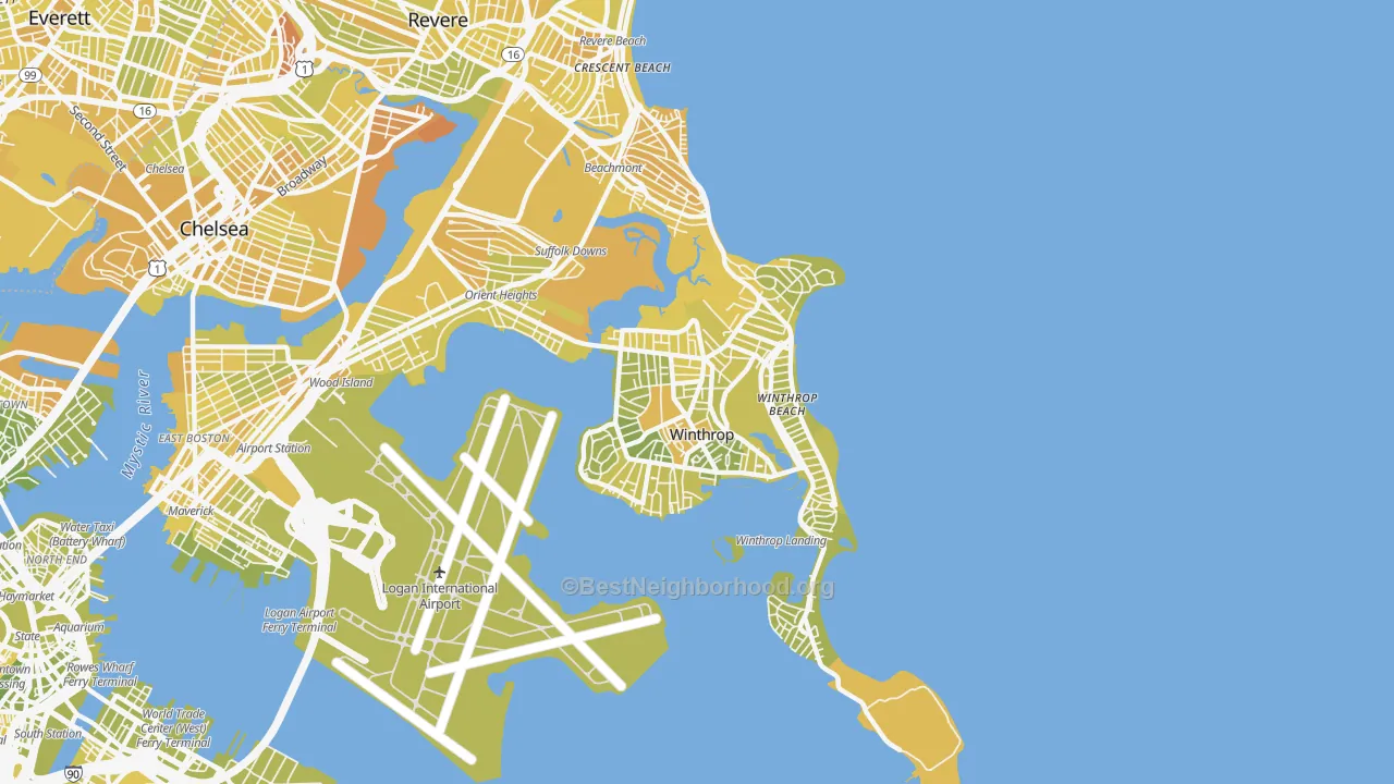 Map of the best neighborhoods in the 02152 area, with better matches in green and worse matches in red