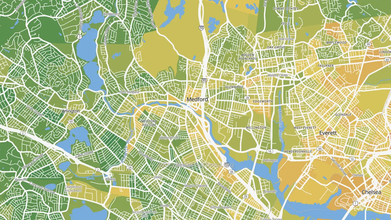 Map of the best neighborhoods in the 02155 area, with better matches in green and worse matches in red