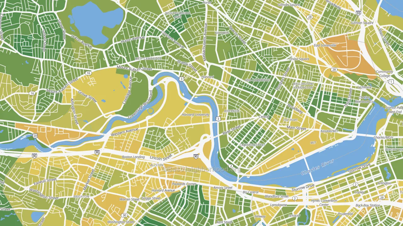 Map of the best neighborhoods in the 02163 area, with better matches in green and worse matches in red
