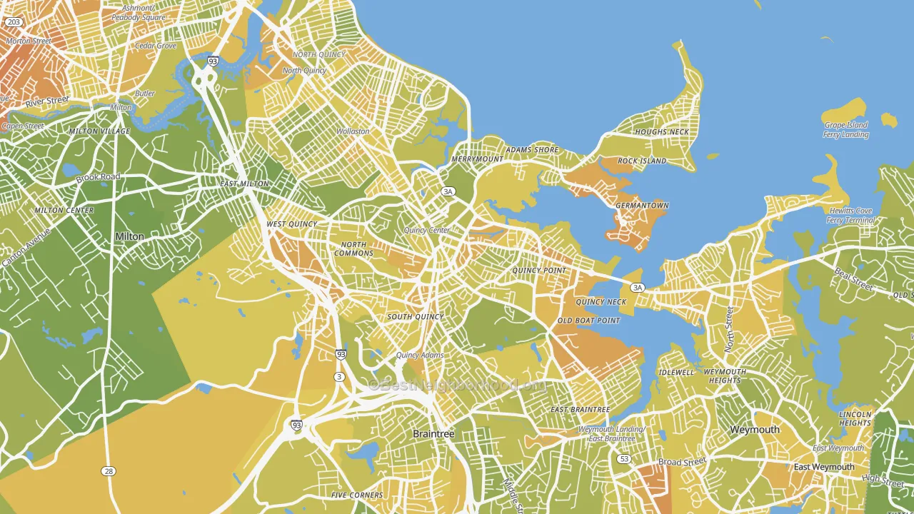 Map of the best neighborhoods in the 02169 area, with better matches in green and worse matches in red
