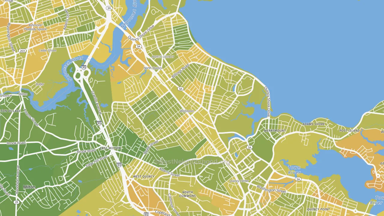 Map of the best neighborhoods in the 02170 area, with better matches in green and worse matches in red