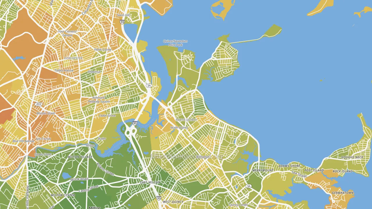 Map of the best neighborhoods in the 02171 area, with better matches in green and worse matches in red