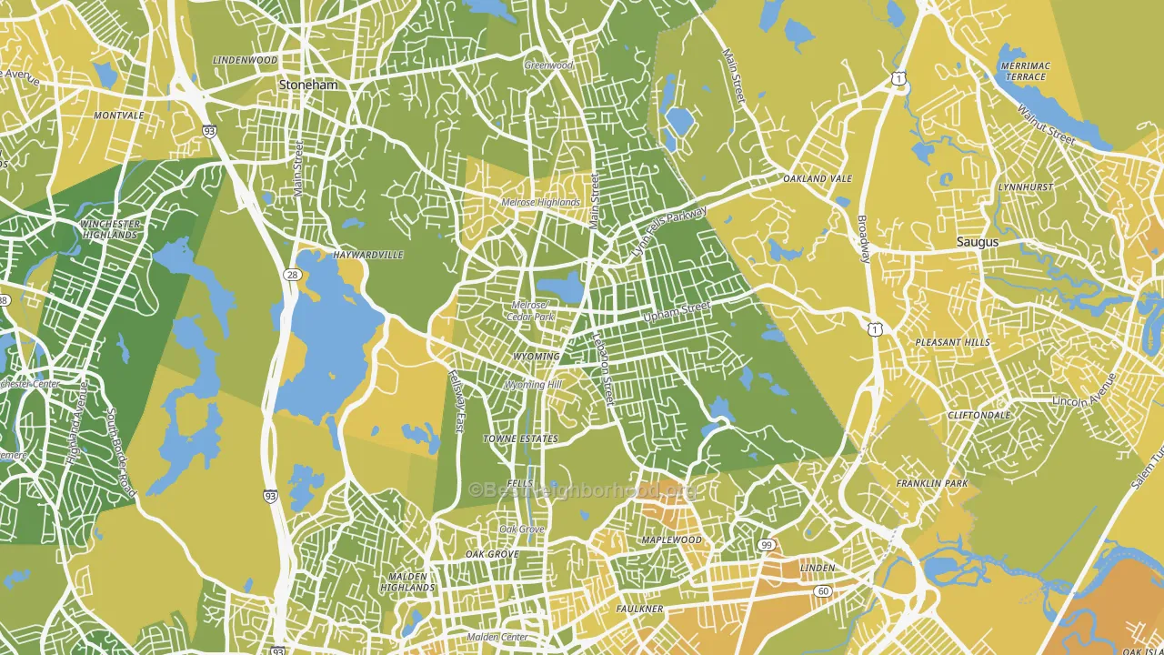 Map of the best neighborhoods in the 02176 area, with better matches in green and worse matches in red