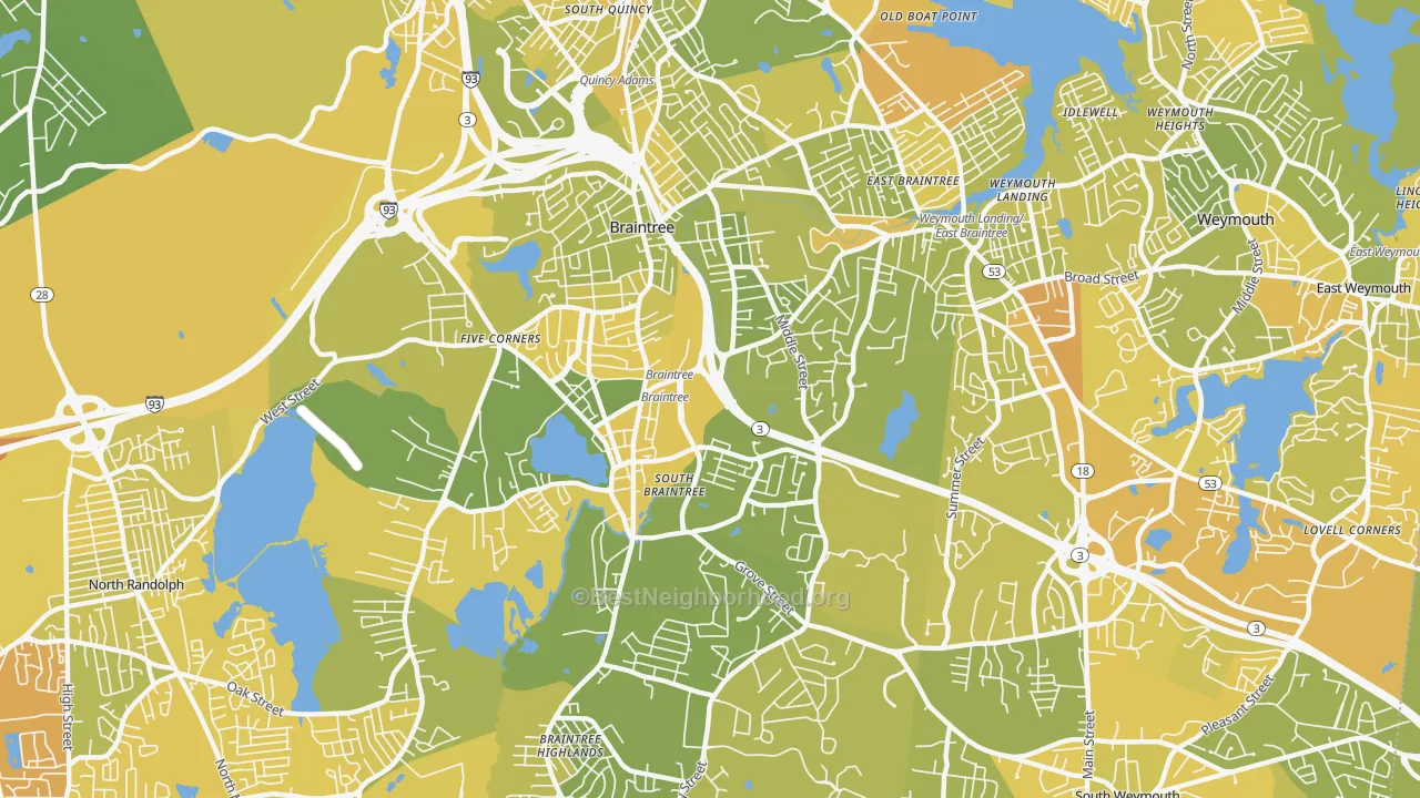 Map of the best neighborhoods in the 02184 area, with better matches in green and worse matches in red