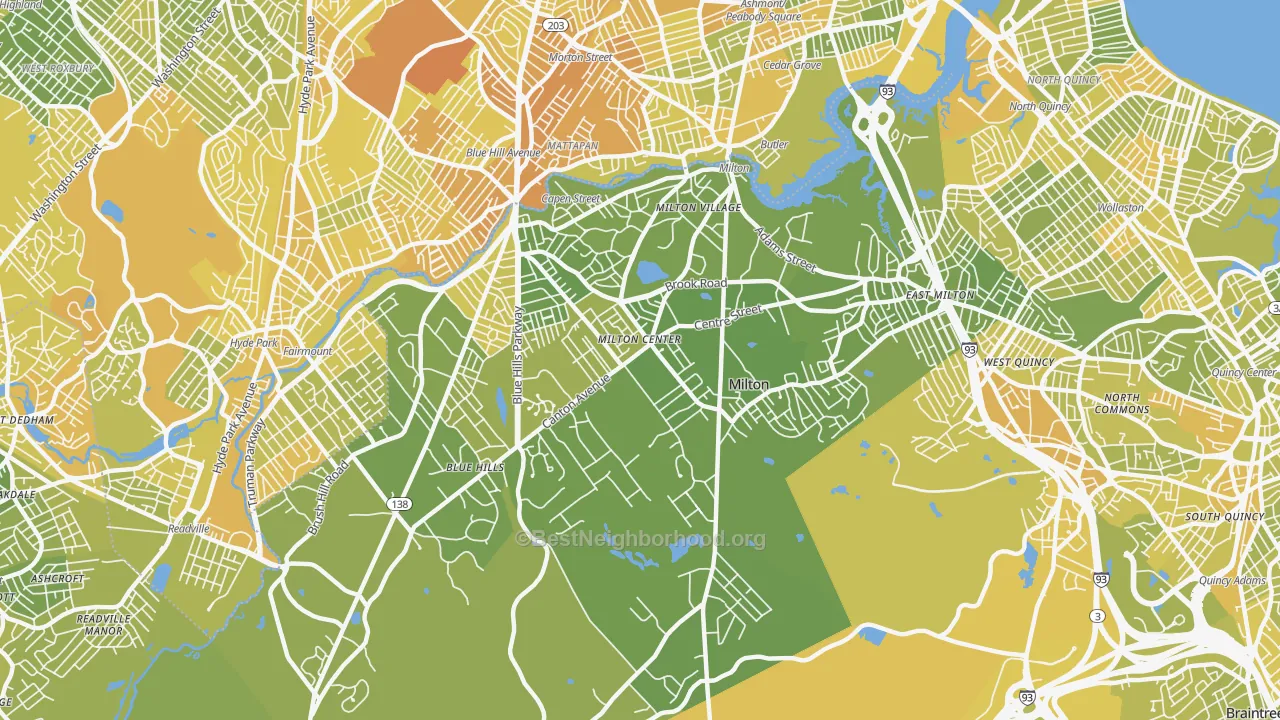 Map of the best neighborhoods in the 02186 area, with better matches in green and worse matches in red