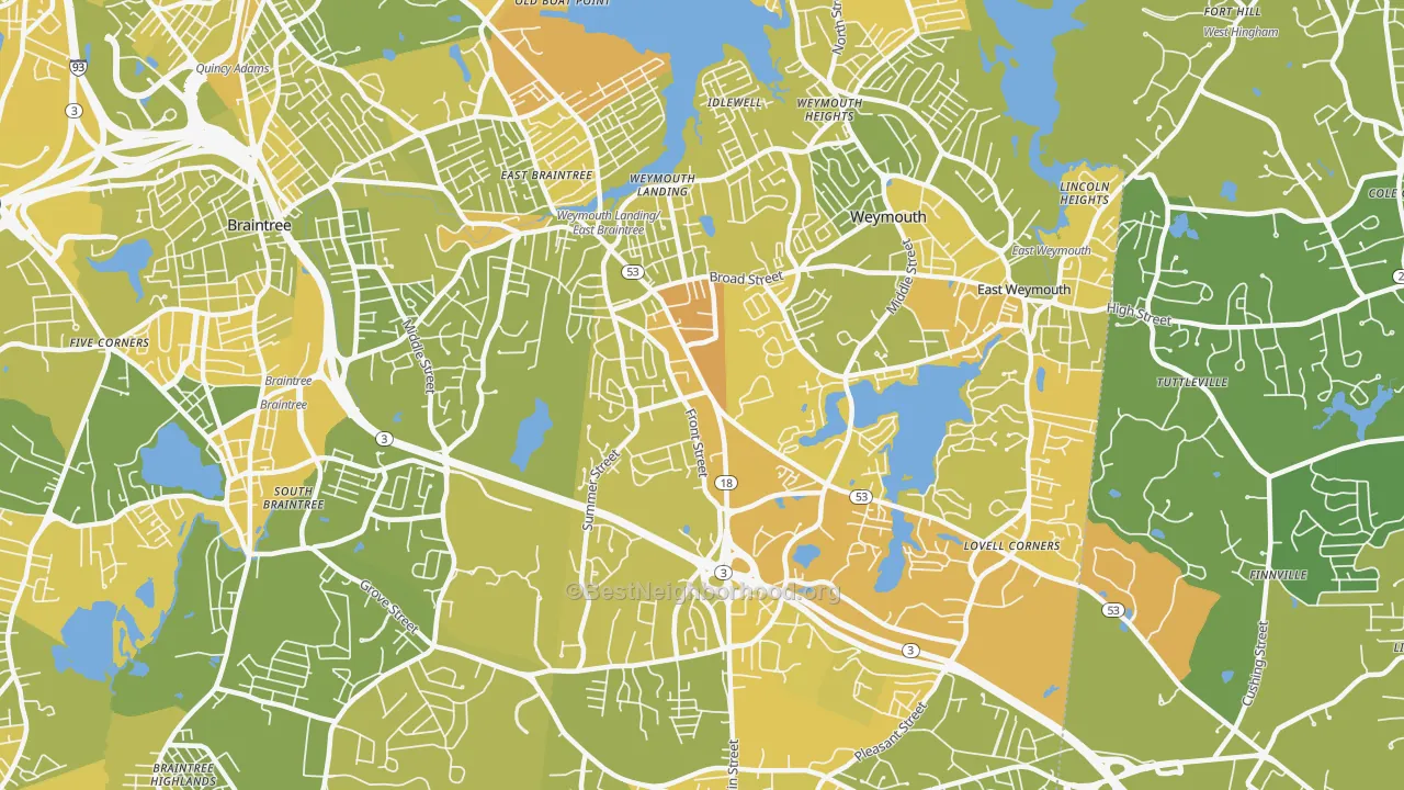 Map of the best neighborhoods in the 02188 area, with better matches in green and worse matches in red