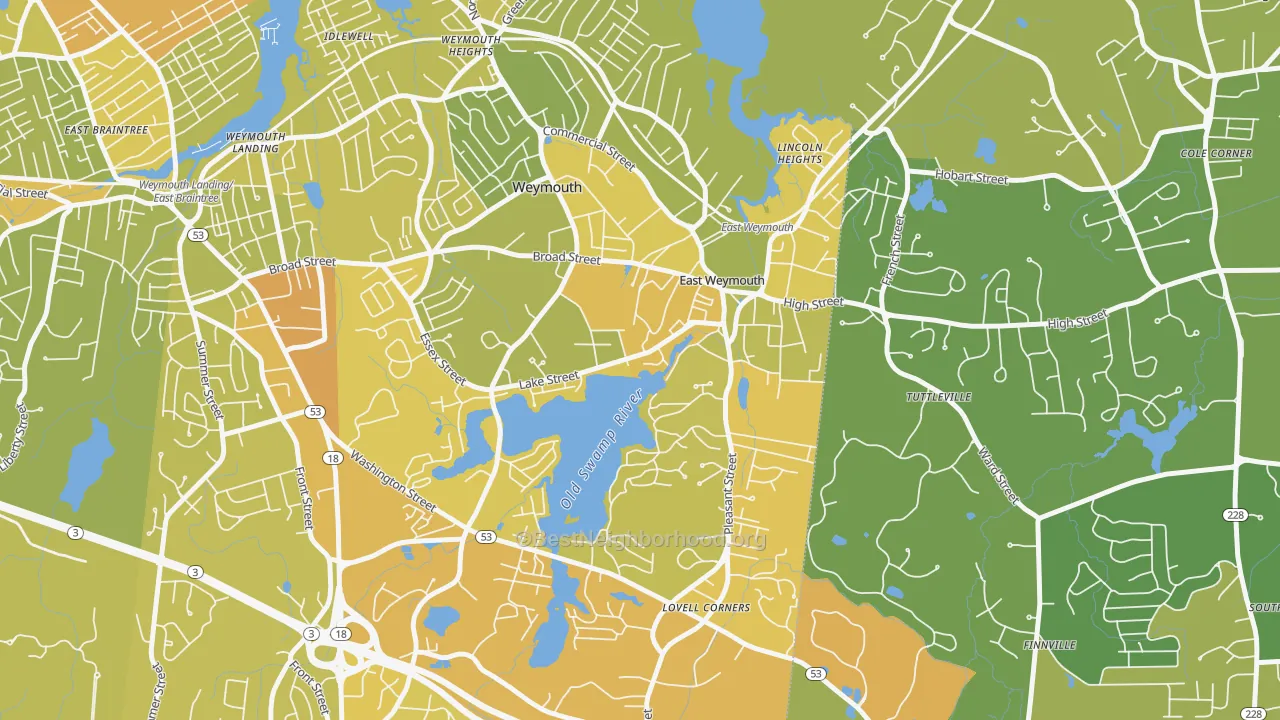 Map of the best neighborhoods in the 02189 area, with better matches in green and worse matches in red