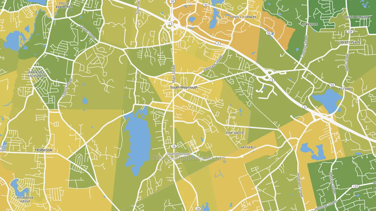 Map of the best neighborhoods in the 02190 area, with better matches in green and worse matches in red