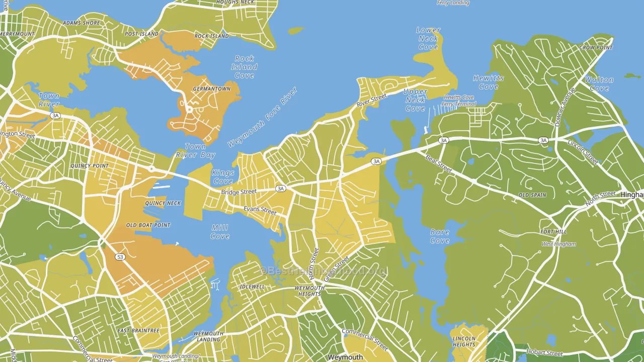 Map of the best neighborhoods in the 02191 area, with better matches in green and worse matches in red