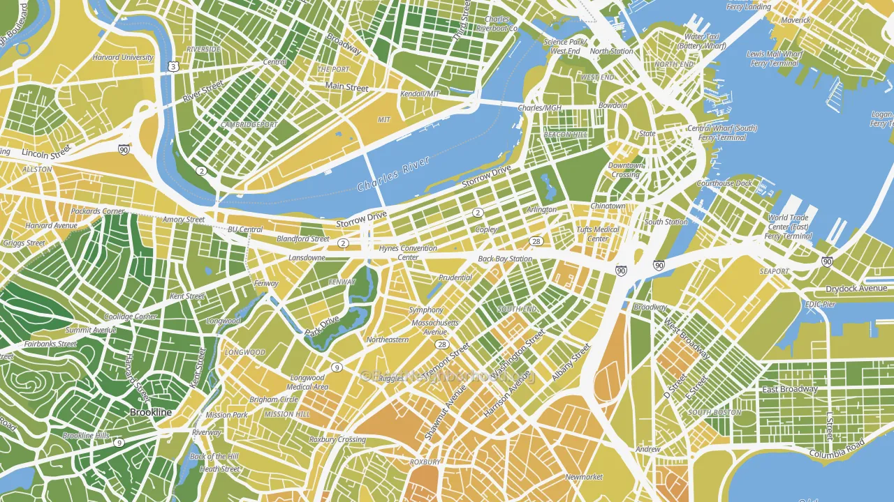 Map of the best neighborhoods in the 02199 area, with better matches in green and worse matches in red
