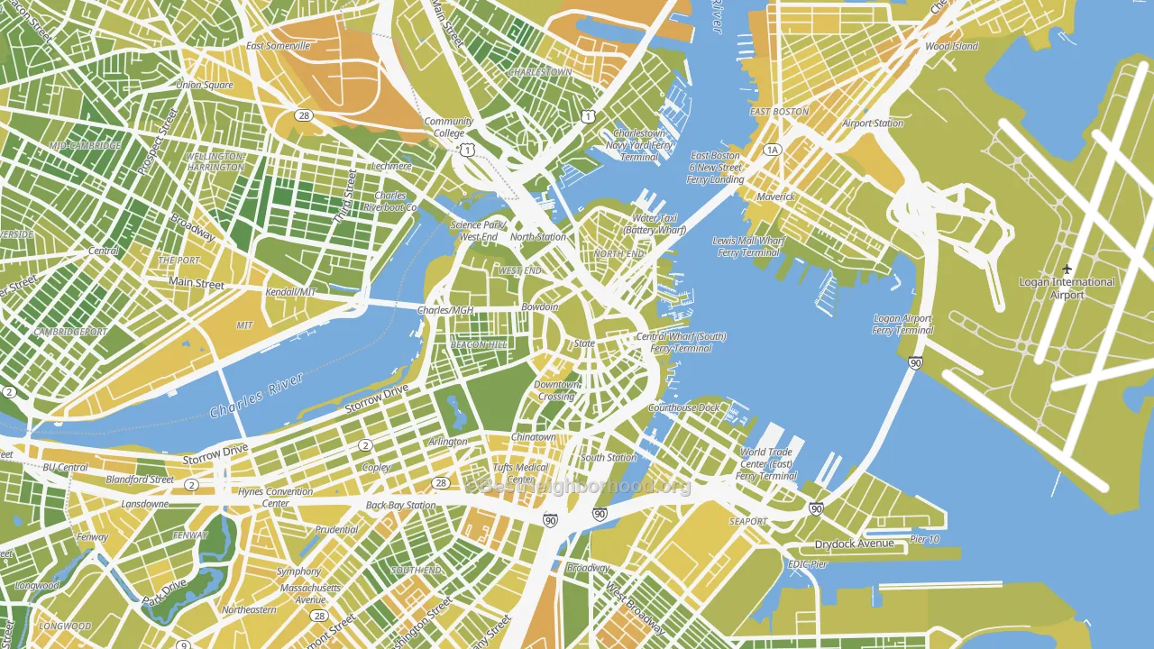 Map of the best neighborhoods in the 02201 area, with better matches in green and worse matches in red