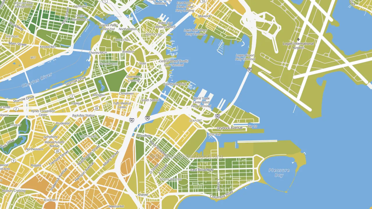 Map of the best neighborhoods in the 02210 area, with better matches in green and worse matches in red