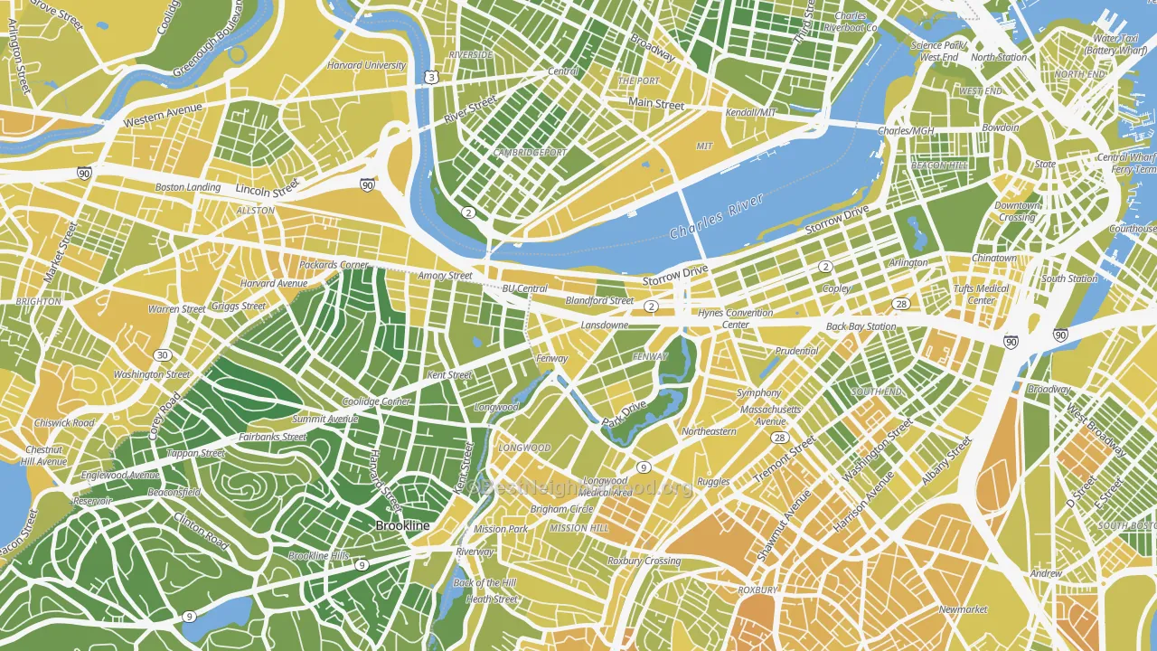 Map of the best neighborhoods in the 02215 area, with better matches in green and worse matches in red