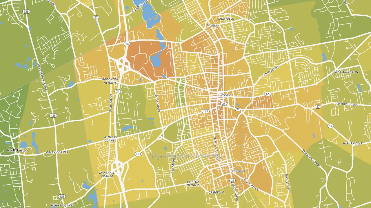 Map of the best neighborhoods in the 02301 area, with better matches in green and worse matches in red