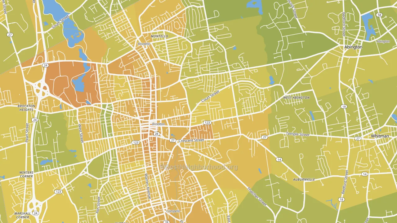 Map of the best neighborhoods in the 02302 area, with better matches in green and worse matches in red