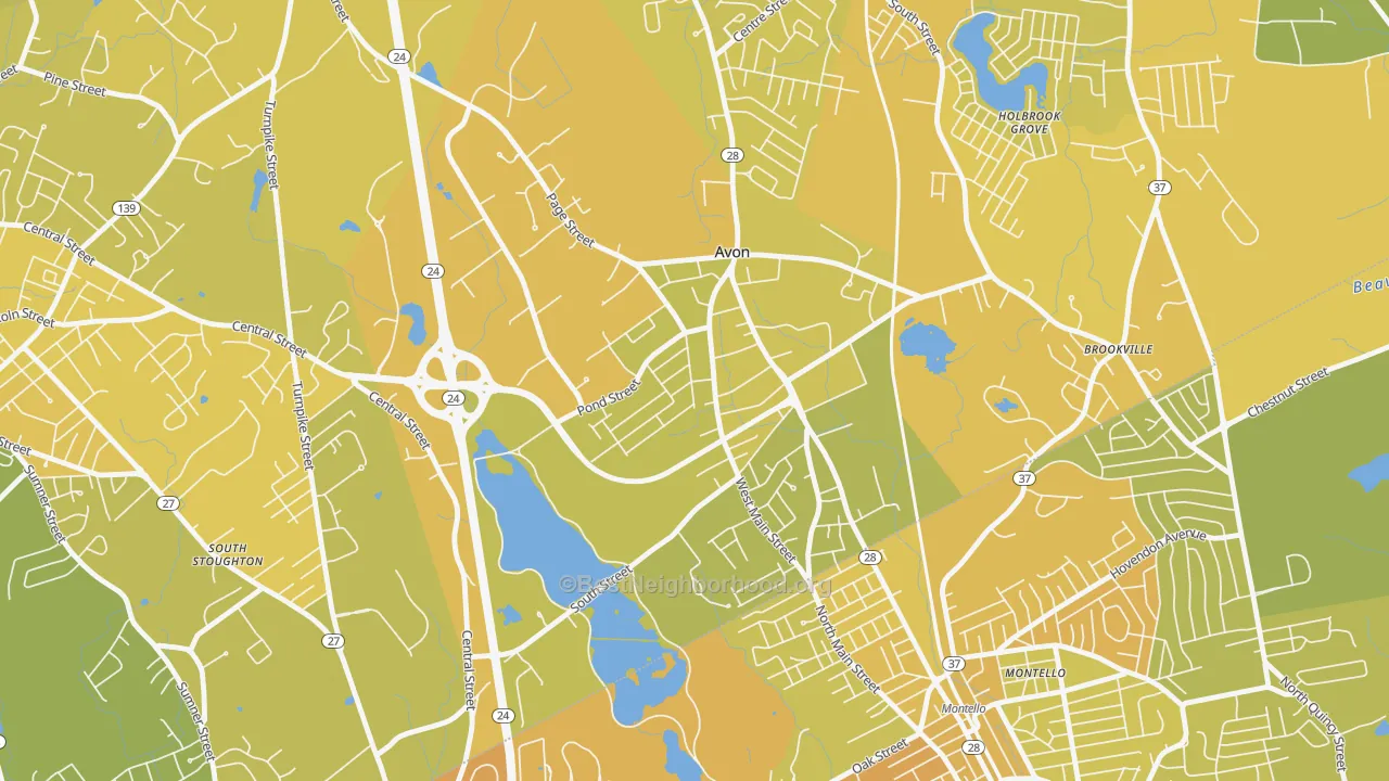 Map of the best neighborhoods in the 02322 area, with better matches in green and worse matches in red