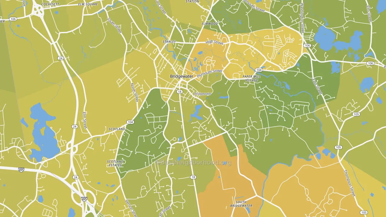 Map of the best neighborhoods in the 02324 area, with better matches in green and worse matches in red