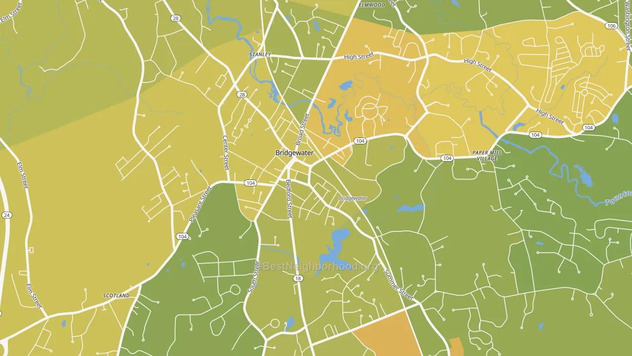 Map of the best neighborhoods in the 02325 area, with better matches in green and worse matches in red