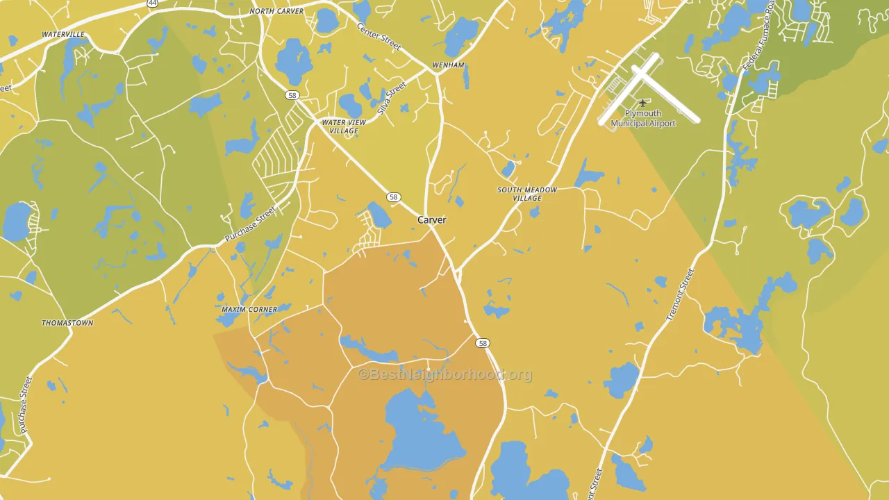 Map of the best neighborhoods in the 02330 area, with better matches in green and worse matches in red