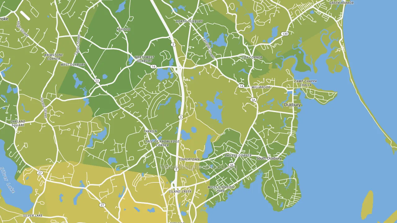 Map of the best neighborhoods in the 02332 area, with better matches in green and worse matches in red