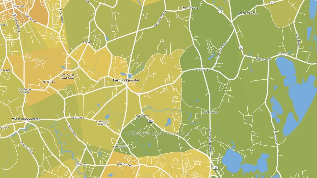 Map of the best neighborhoods in the 02333 area, with better matches in green and worse matches in red