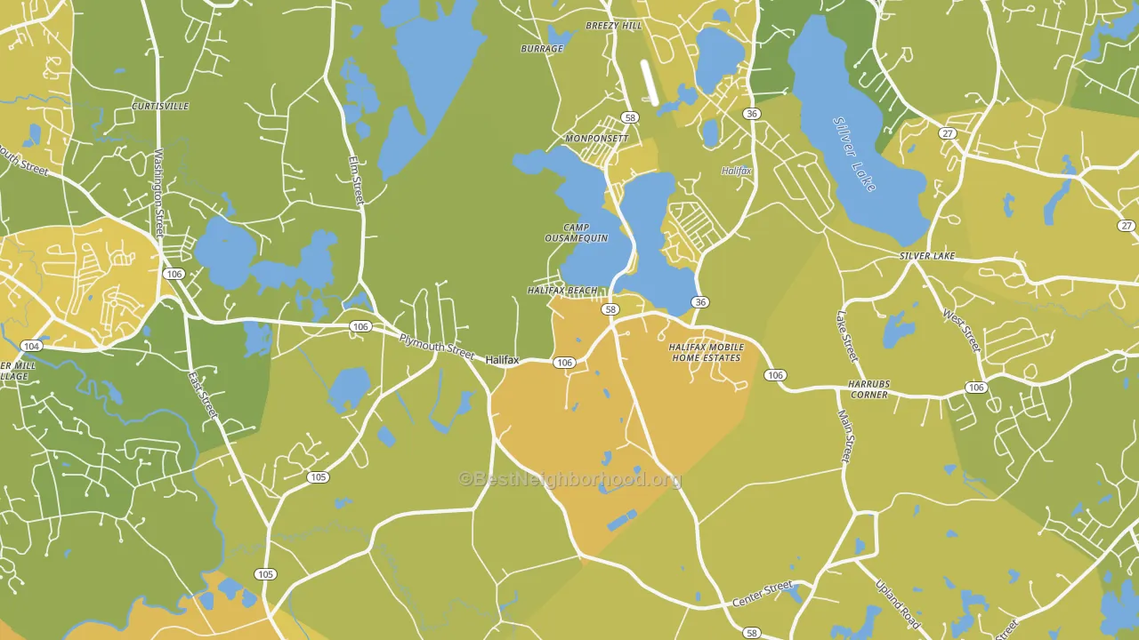 Map of the best neighborhoods in the 02338 area, with better matches in green and worse matches in red