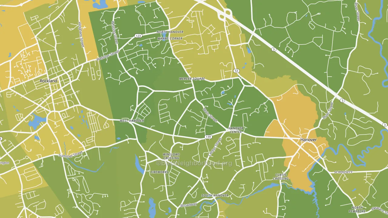Map of the best neighborhoods in the 02339 area, with better matches in green and worse matches in red