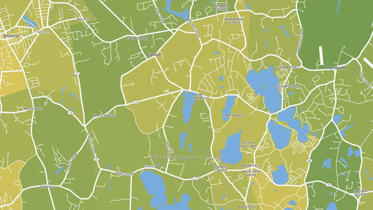 Map of the best neighborhoods in the 02341 area, with better matches in green and worse matches in red
