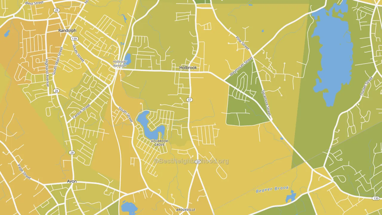Map of the best neighborhoods in the 02343 area, with better matches in green and worse matches in red