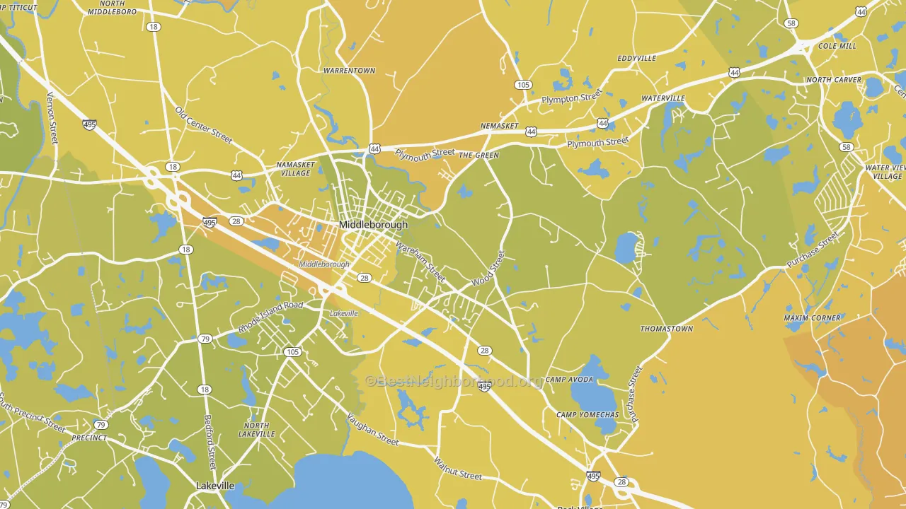 Map of the best neighborhoods in the 02346 area, with better matches in green and worse matches in red