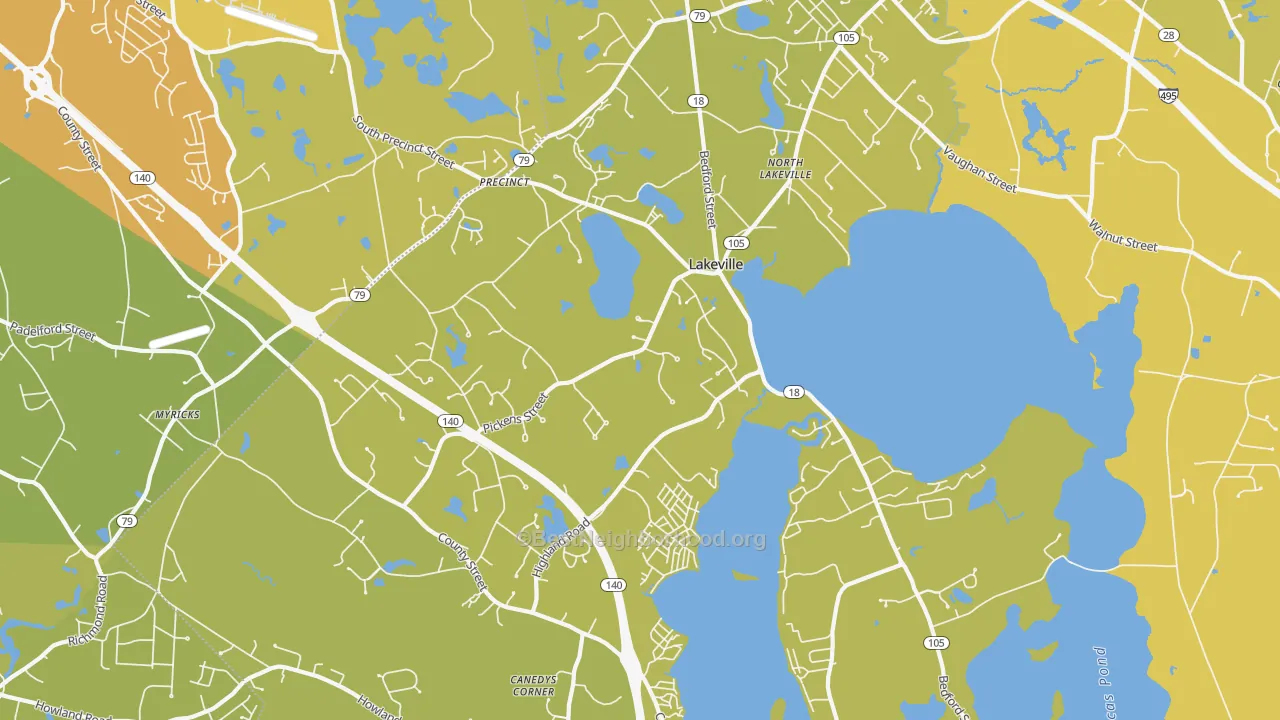 Map of the best neighborhoods in the 02347 area, with better matches in green and worse matches in red