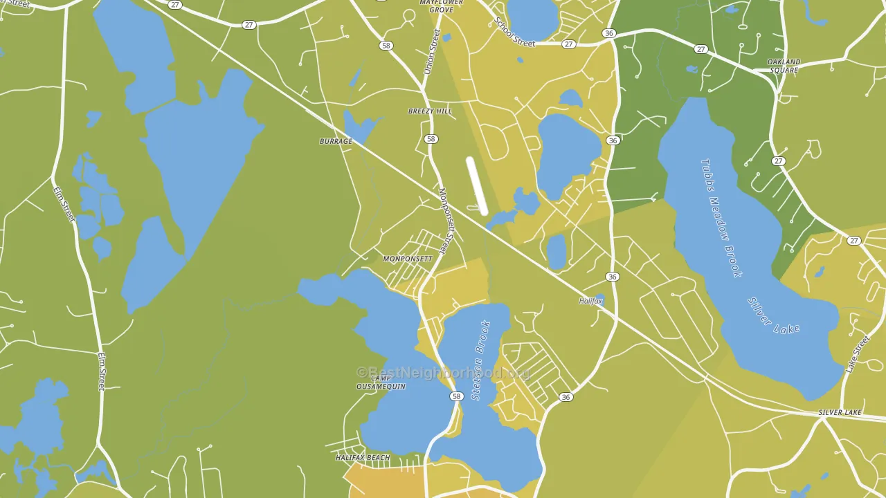 Map of the best neighborhoods in the 02350 area, with better matches in green and worse matches in red