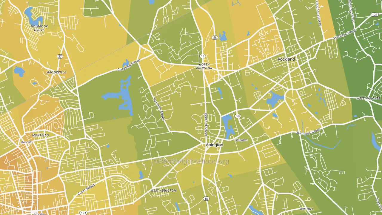 Map of the best neighborhoods in the 02351 area, with better matches in green and worse matches in red
