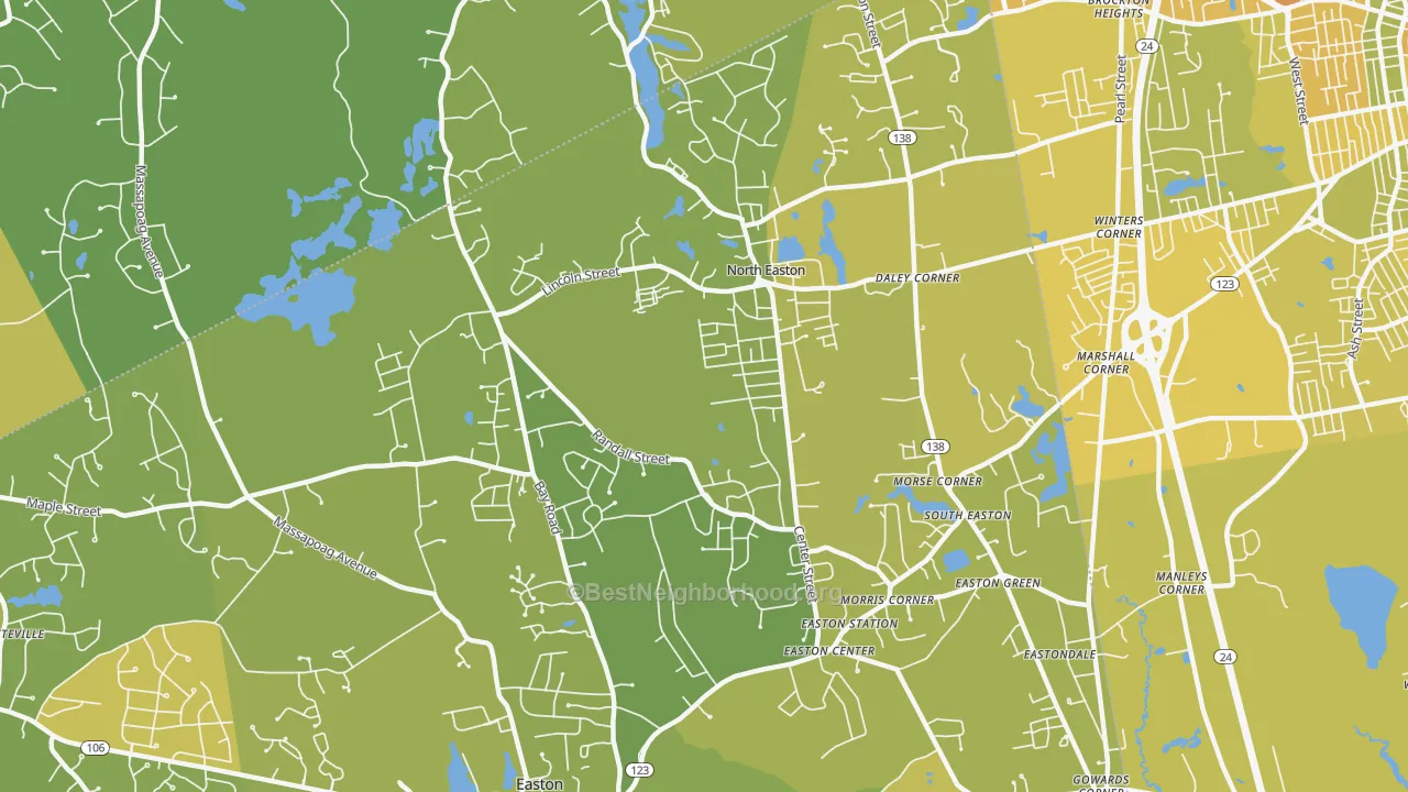 Map of the best neighborhoods in the 02356 area, with better matches in green and worse matches in red