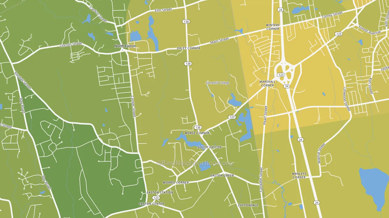 Map of the best neighborhoods in the 02357 area, with better matches in green and worse matches in red