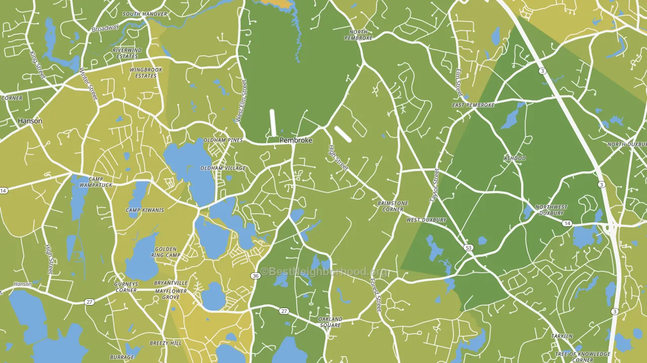 Map of the best neighborhoods in the 02359 area, with better matches in green and worse matches in red