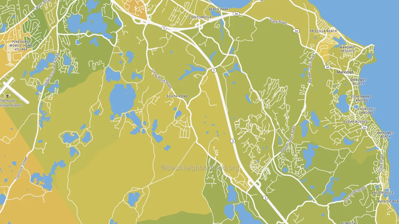 Map of the best neighborhoods in the 02360 area, with better matches in green and worse matches in red