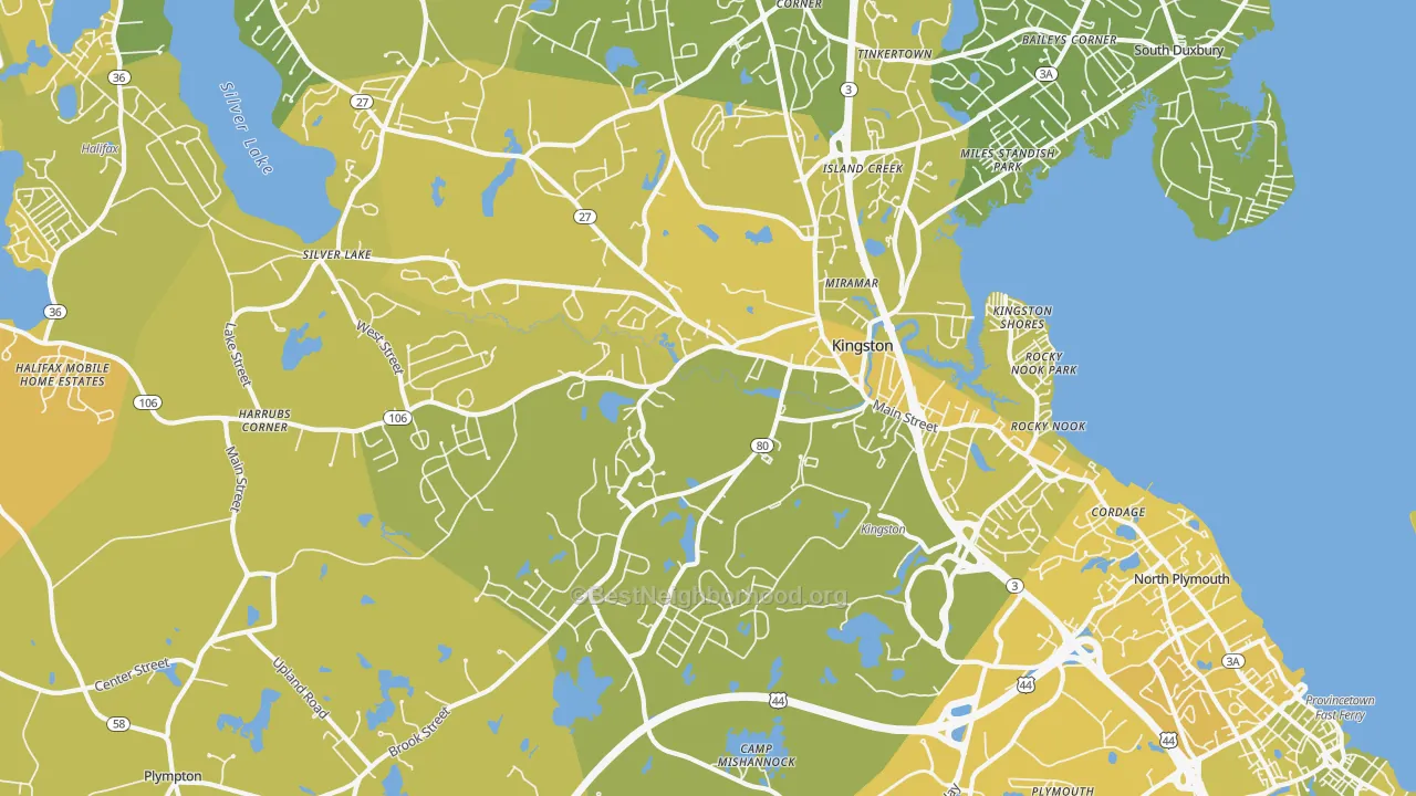 Map of the best neighborhoods in the 02364 area, with better matches in green and worse matches in red