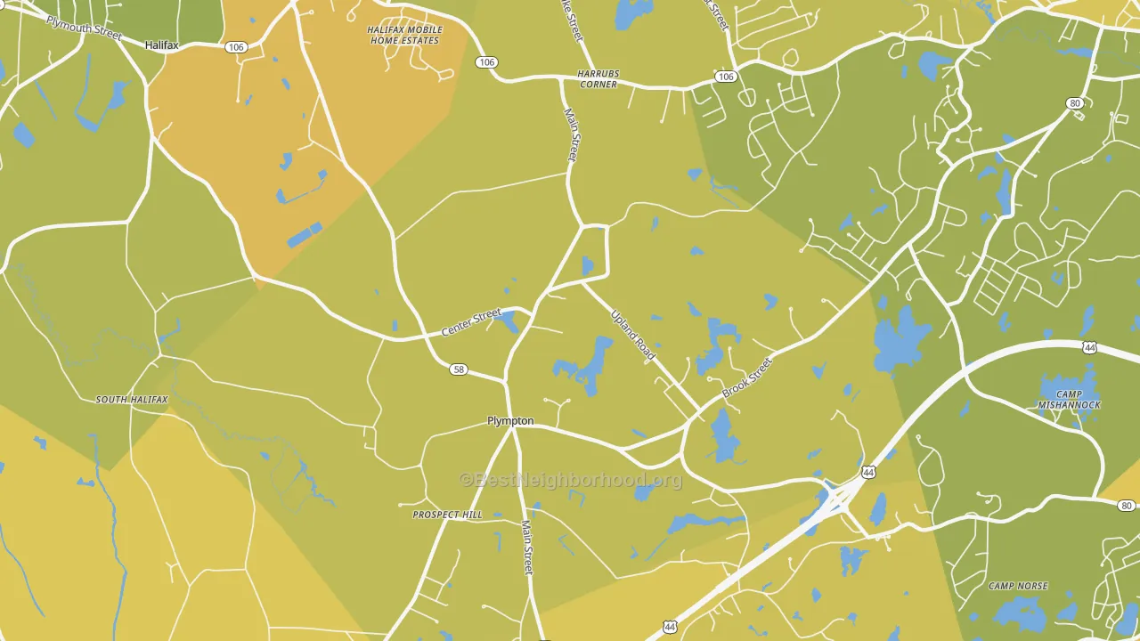 Map of the best neighborhoods in the 02367 area, with better matches in green and worse matches in red
