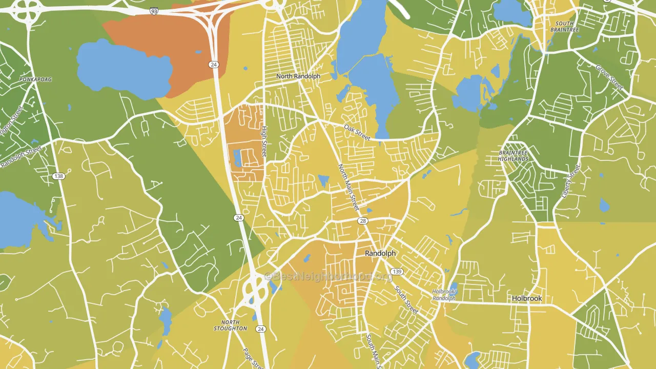 Map of the best neighborhoods in the 02368 area, with better matches in green and worse matches in red