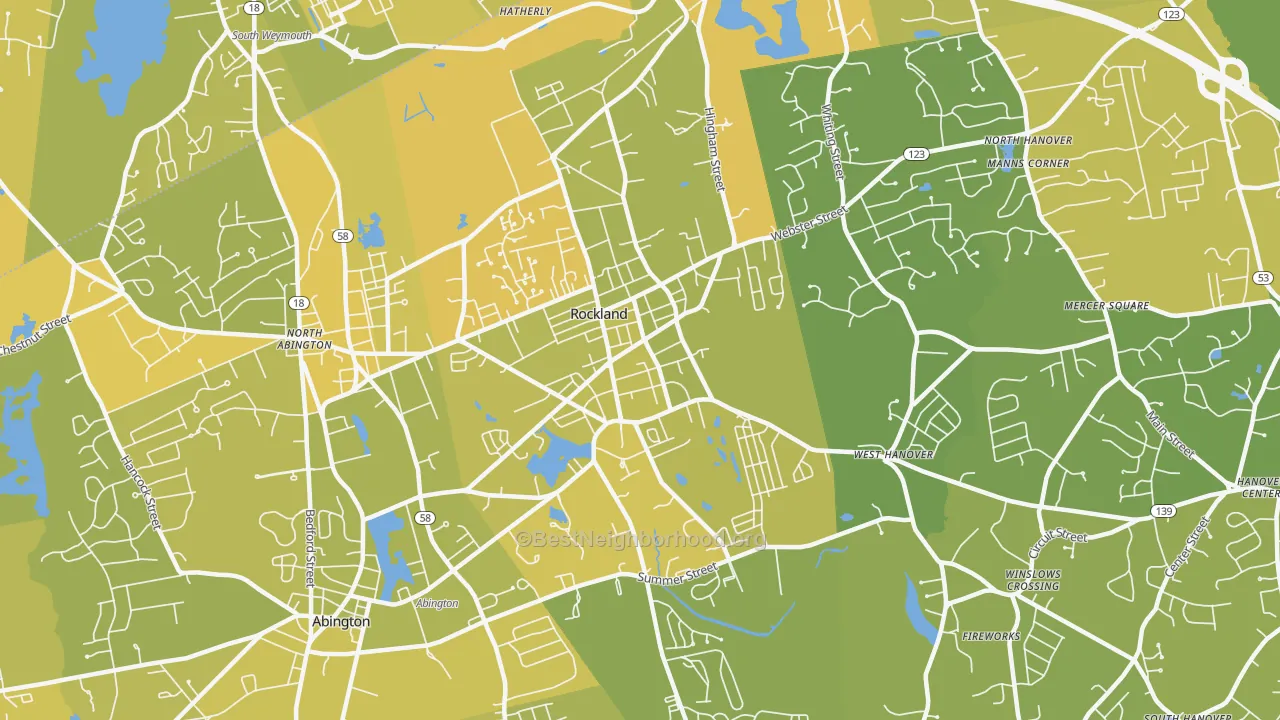 Map of the best neighborhoods in the 02370 area, with better matches in green and worse matches in red