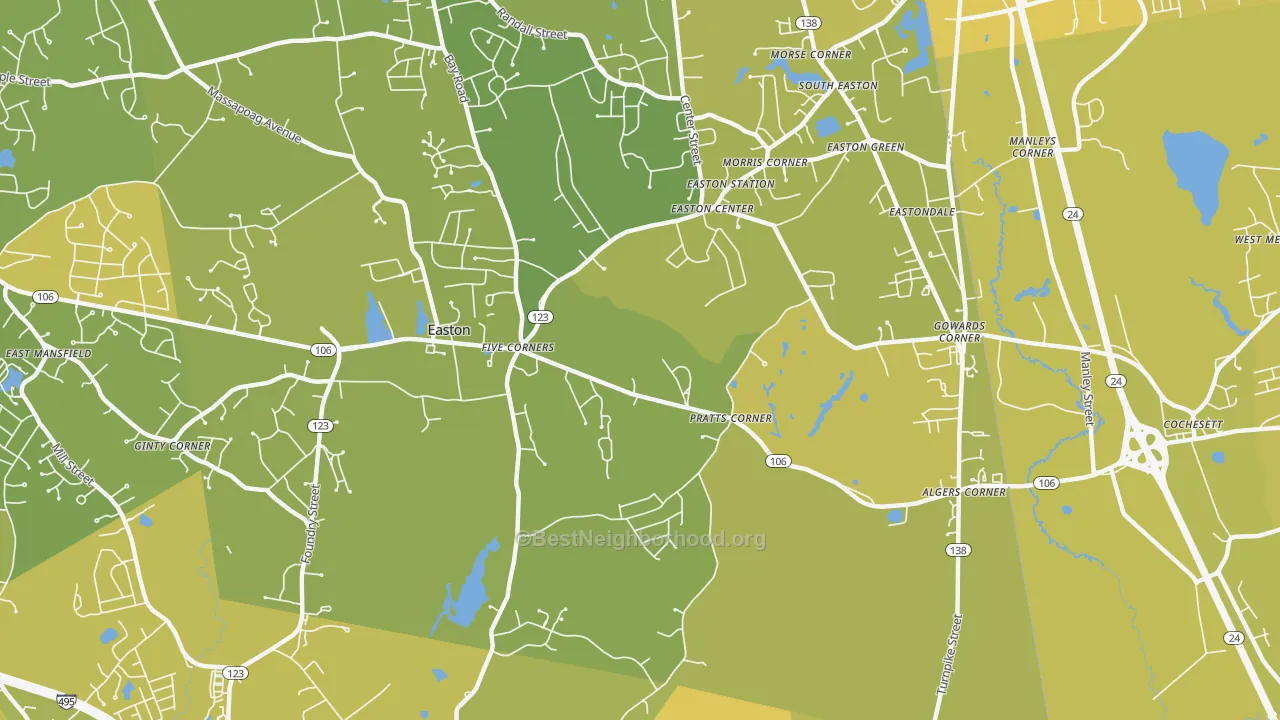 Map of the best neighborhoods in the 02375 area, with better matches in green and worse matches in red