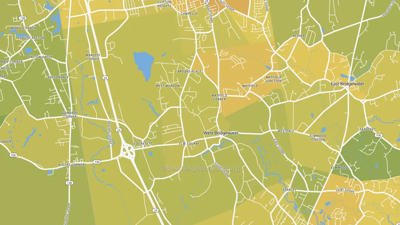 Map of the best neighborhoods in the 02379 area, with better matches in green and worse matches in red