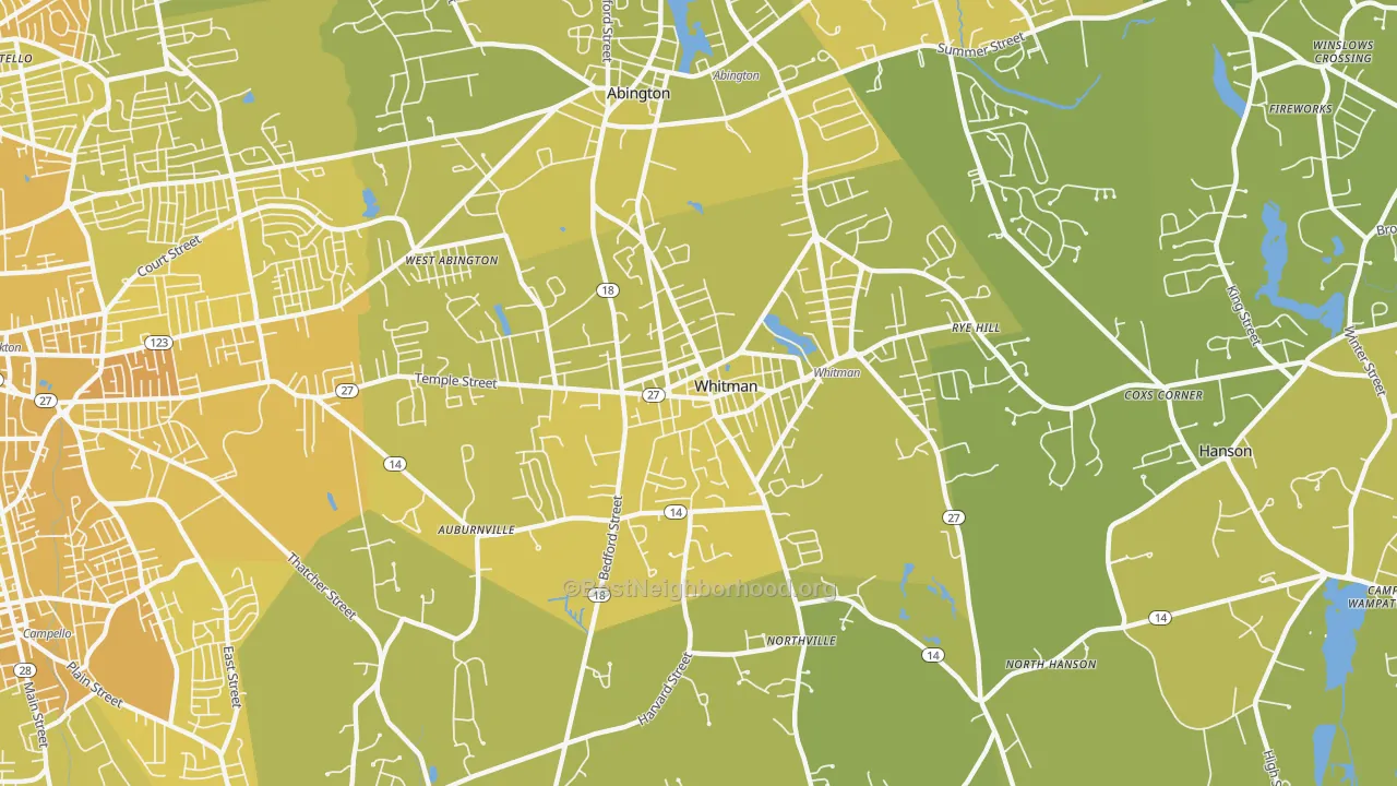 Map of the best neighborhoods in the 02382 area, with better matches in green and worse matches in red