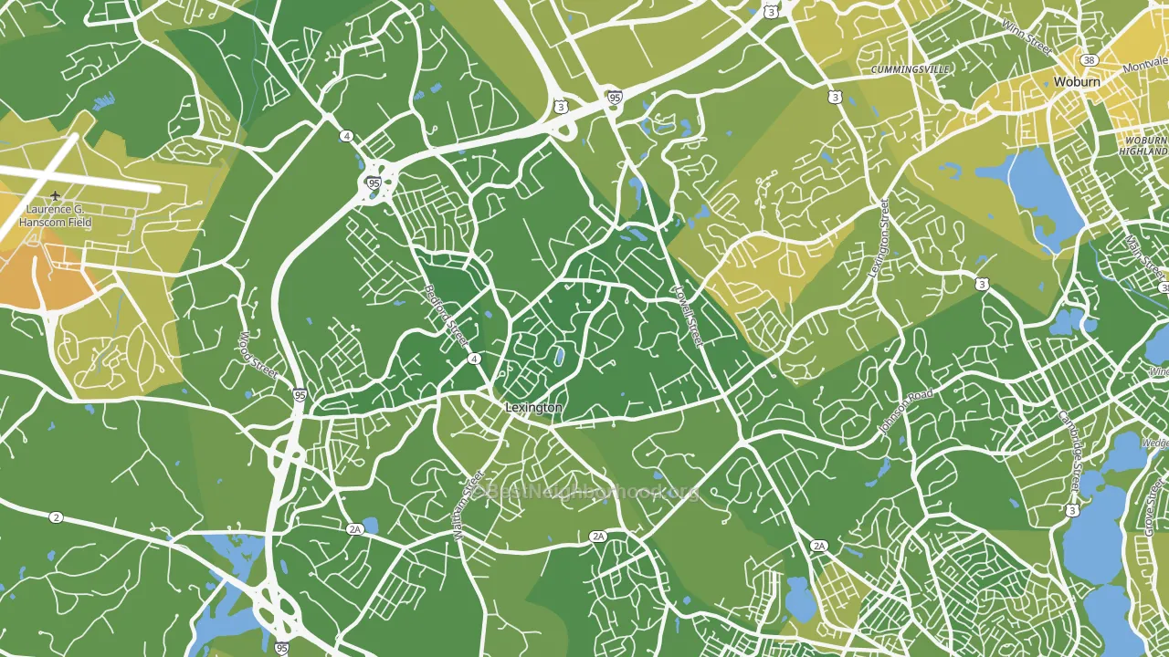 Map of the best neighborhoods in the 02420 area, with better matches in green and worse matches in red