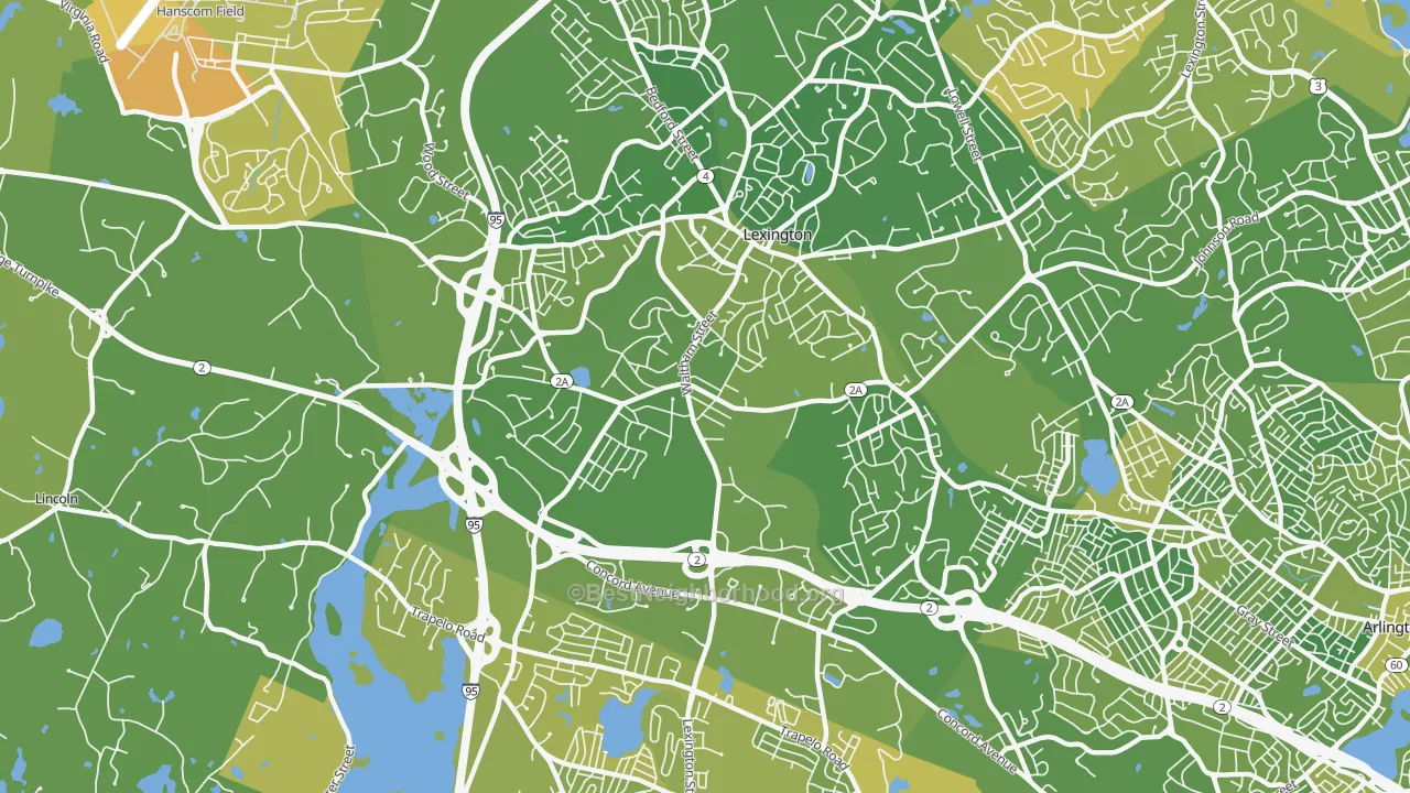 Map of the best neighborhoods in the 02421 area, with better matches in green and worse matches in red
