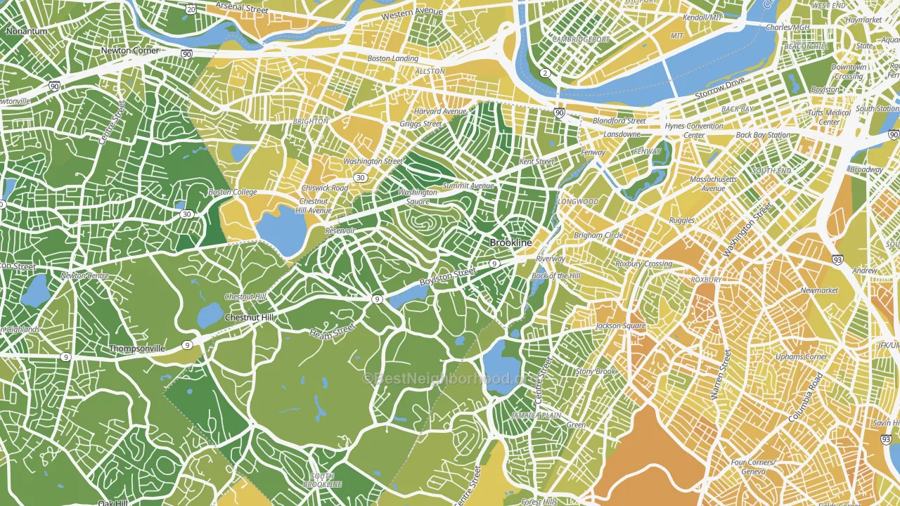 Map of the best neighborhoods in the 02445 area, with better matches in green and worse matches in red